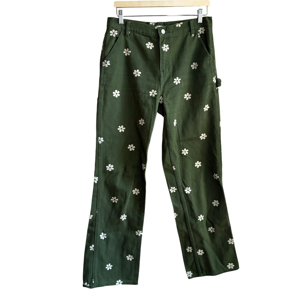 PacSun Baggy Carpenter Pants 28 Green Womens Floral Cotton Canvas